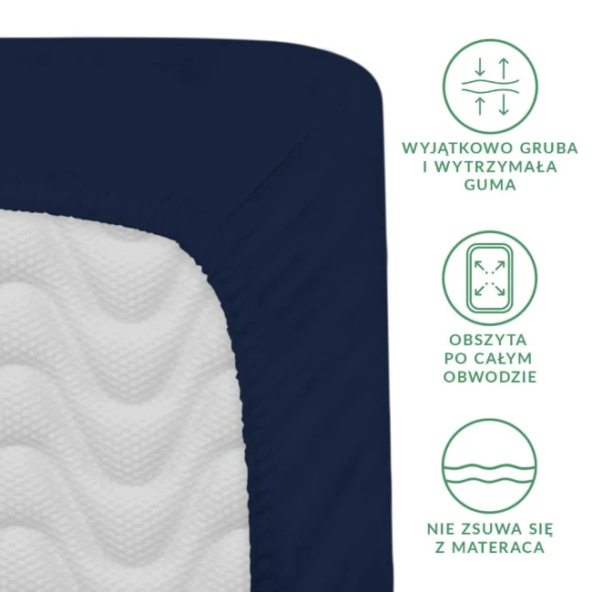 Prześcieradło satynowe z gumką w kolorze ciemnego granatu, materiał gładki i błyszczący, leżące na podłożu. Guma obwodowa zapewnia stabilność. Widoczne detale to tekstura tkaniny oraz faktura gumy. Produkt w rozmiarze 160x200 cm.