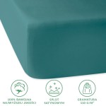 Prześcieradło satynowe z gumką w kolorze ciemnego turkusu, rozmiar 160x200 cm, leżące na jednolitym tle. Wykonane z 100% bawełny, z gładką, lśniącą fakturą. Widoczne detalowe informacje o gramaturze 110 g/m² oraz splocie satynowym.