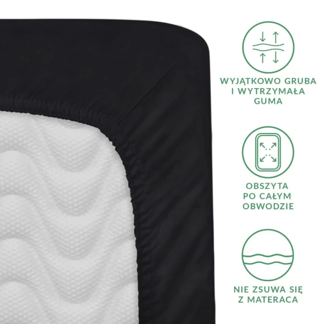 Prześcieradło satynowe z gumką o wymiarach 160x200 cm w kolorze czarnym, rozłożone na widoku z góry. Widoczne detale to wyraźna, gładka powierzchnia satynowa oraz mocna gumka obszyta wokół, zapewniająca stabilność. Tło proste, jednolite.