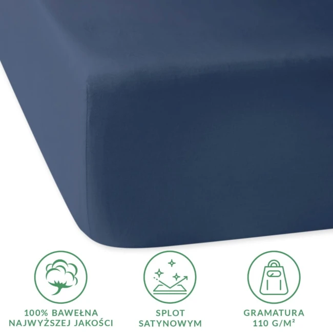 Prześcieradło satynowe z gumką w kolorze chabrowym, w rozmiarze 180x200 cm. Wykonane z 100% bawełny, charakteryzuje się gładką fakturą i wysoką jakością. Widoczny fragment krawędzi prześcieradła z gumką, zapewniający stabilne dopasowanie.