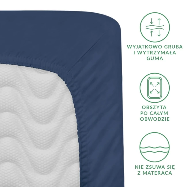 Prześcieradło satynowe z gumką 180x200 w kolorze chabrowym, rozłożone na materacu. Widoczna guma obszyta po całym obwodzie, zapobiegająca zsuwaniu. Prześcieradło ma delikatną, teksturowaną strukturę. Tło białe, proste.