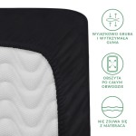 Prześcieradło satynowe z gumką w kolorze czarnym, o wymiarach 180x200 cm. Ujęcie z boku, ukazujące elastyczną guma obwodową. Widoczne detale tkaniny, struktura gładka. Tło jednolite, podkreślające produkt. Informacje wizualne po prawej stronie.