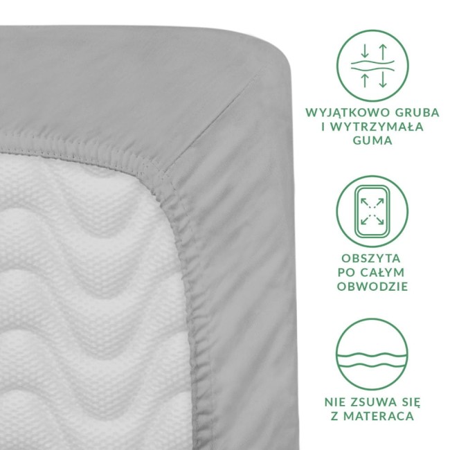 Prześcieradło satynowe z gumką 180x200 w kolorze popielatym, rozłożone na białym tle. Widoczna wyjątkowo gruba, elastyczna gumka oraz faktura materiału. Zbliżenie na narożnik, ujawniające obrzeże obszyte po całym obwodzie.