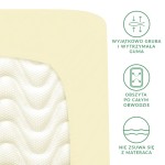 Prześcieradło satynowe z gumką 200x220 w kolorze kremowym, z wyraźnym wzmocnieniem w postaci grubej gumy wokół krawędzi, wykonane z gładkiego materiału. Widok z góry, prezentujące teksturę tkaniny oraz właściwości użytkowe.