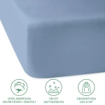 Prześcieradło satynowe z gumką 200x220 w kolorze błękitnym, o teksturze gładkiej, leżące na jednolitym tle. Widoczne informacje o składzie z 100% bawełny, splocie satynowym i gramaturze 110 g/m². Produkt idealny do sypialni.