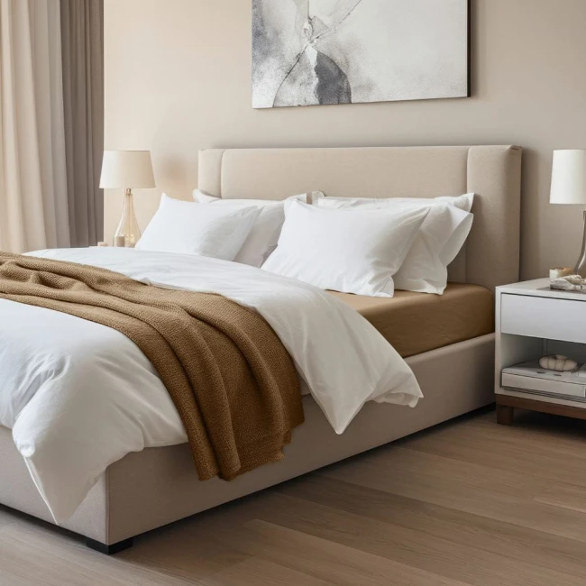 Prześcieradło jersey z elastanem w kolorze brązowym, o wymiarach 90x200, rozłożone na łóżku z jasną pościelą. W tle widoczna sypialnia z delikatnymi zasłonami i lampką nocną, stonowane kolory otoczenia podkreślają estetykę wnętrza.