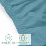 Prześcieradło jersey z elastanem w kolorze niebieskim, o wymiarach 90x200 cm, z gumką obszytą po całym obwodzie. Widoczne marszczenie materiału, które zapewnia dopasowanie do materaca. Tekstura gładka, elastyczna i trwała.
