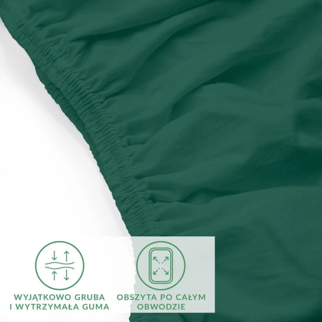 Prześcieradło jersey z elastanem w kolorze zielonym, o wymiarach 160x200 cm. Zbliżenie na obszerną gumkę, zapewniającą stabilność. Widoczny detal obszycia na całym obwodzie. Produkt leży na jasnym tle, co podkreśla jego kolor.