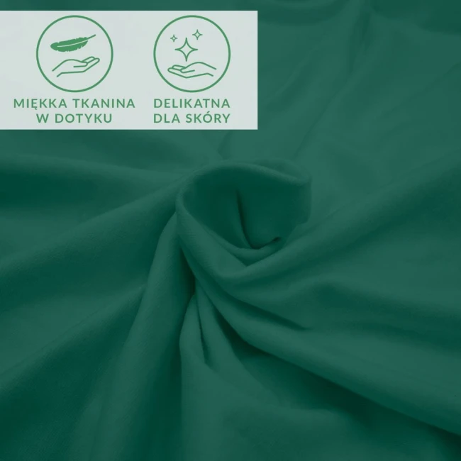 Prześcieradło jersey z elastanem 160x200 w kolorze zielonym, gładkie, z widoczną miękką tkaniną. Ułożone na płasko, ukazujące detal faktury materiału. Ikony informacyjne o właściwościach tkaniny: miękka w dotyku oraz delikatna dla skóry.