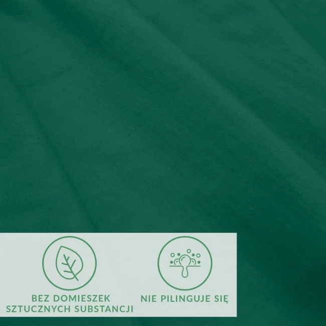 Prześcieradło jersey z elastanem w kolorze zielonym, o wymiarach 160x200 cm, z widoczną gładką fakturą. Ujęcie z góry ukazuje detale materiału. Na dole widoczne ikony informacyjne o braku sztucznych substancji i odporności na piling.