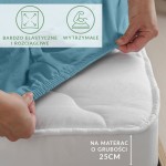 Prześcieradło jersey z elastanem w kolorze błękitnym, rozłożone na materacu o grubości 25 cm. Widoczne elastyczne wykończenie z gumką oraz ręka chwytająca materiał w celu założenia. Na tle jasnego wnętrza, z czytelnym opisem przeznaczenia na materac.