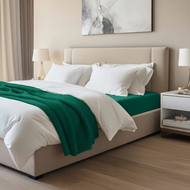 Prześcieradło jersey z elastanem 180x200 w kolorze zielonym rozłożone na łóżku. Produkt widoczny frontalnie, z górnej krawędzi łóżka, ze złożoną białą pościelą i poduszkami. Tło jasne, minimalistyczne z lampą i stolikiem nocnym.