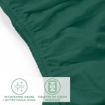 Prześcieradło jersey z elastanem w kolorze zielonym, rozmiar 200x220 cm. Ujęcie z góry pokazuje rozłożone prześcieradło, podkreślające elastyczną, gładką tkaninę oraz widoczną gumkę obszywającą krawędzie. Na białym tle.