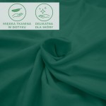 Prześcieradło jersey z elastanem w kolorze zielonym, rozmiar 200x220 cm, z gumką. Tkanina gładka, elastyczna, z oznaczeniami miękka w dotyku oraz delikatna dla skóry. Widok z bliska, ukazujący fakturę materiału.