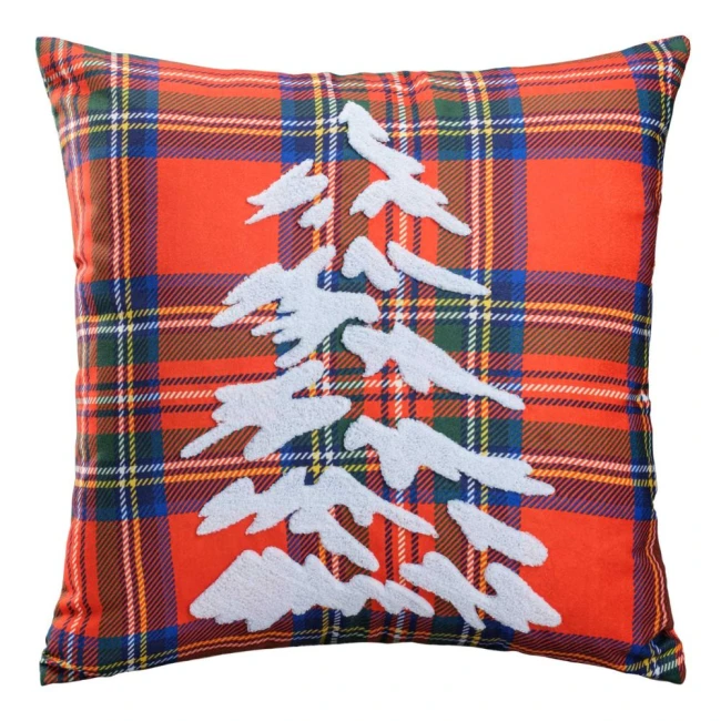  Zamszowa świąteczna poszewka w czerwono-zieloną kratę z choinką 