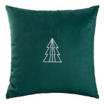 Zielona poszewka dekoracyjna 43x43 cm z miękkiego materiału, z haftem przedstawiającym drzewko świąteczne w kolorze białym. Produkt leży na jednolitym tle, pokazując teksturę tkaniny i detale haftu.