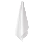 Ręcznik hotelowy 70x140 cm w białym kolorze, zwinięty i zawieszony, wykonany z miękkiego materiału frotte o delikatnej teksturze. Widoczny klinowy kształt, bez wzorów i napisów, na jednolitym tle, co podkreśla jego elegancję i funkcjonalność.