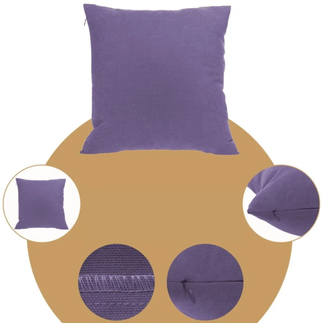 Poszewka dekoracyjna 45x45 cm w kolorze wrzosowym, gładka. Zbliżenie na teksturę materiału oraz zamek błyskawiczny. Ujęcie frontalne ukazuje cały produkt, bez dodatkowych elementów w tle. Idealna do aranżacji wnętrz.