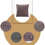 Poszewka dekoracyjna 45x45 w odcieniu szaro-brązowym z pomponami. Ujęcie frontalne, produkt leży płasko. Widoczna tekstura materiału i detale pomponów wzdłuż krawędzi. Otoczenie na jednolitym tle, które podkreśla design.