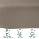 Prześcieradło satynowe bez gumki 160x220 w kolorze ciemnego beżu, leżące na płaskiej powierzchni. Widoczna gładka tekstura materiału, podkreślająca jakość bawełny. Ikony informacyjne o składzie, splocie i gramaturze umieszczone w dolnej części.