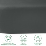 Prześcieradło satynowe bez gumki w kolorze szarym, wykonane z 100% bawełny, o gramaturze 110 g/m². Zbliżenie na estetyczny splot satynowy, ukazane w pozycji leżącej na jednolitym tle. Widoczne ikony oznaczające jakość materiału.