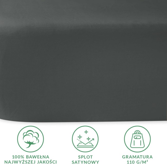 Prześcieradło satynowe bez gumki w kolorze szarym, wykonane z 100% bawełny, o gramaturze 110 g/m². Zbliżenie na estetyczny splot satynowy, ukazane w pozycji leżącej na jednolitym tle. Widoczne ikony oznaczające jakość materiału.