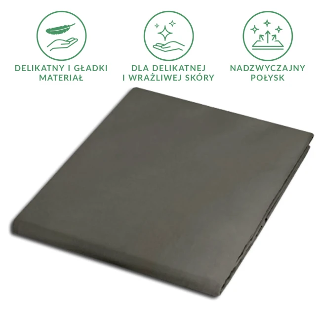 Prześcieradło satynowe bez gumki w kolorze szarym, o wymiarach 160x220 cm, leżące na płaskiej powierzchni. Materiał jest gładki z delikatnym połyskiem, co podkreśla jego elegancki wygląd. Widoczne zgięcia i szczegóły tkaniny.