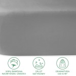 Prześcieradło satynowe 160x220 w kolorze popielatym. Złożone, widoczne na jasnym tle, z gładką, błyszczącą fakturą. W dolnym rogu ikony informacyjne: 100% bawełna, spląt satynowy, gramatura 110 g/m².