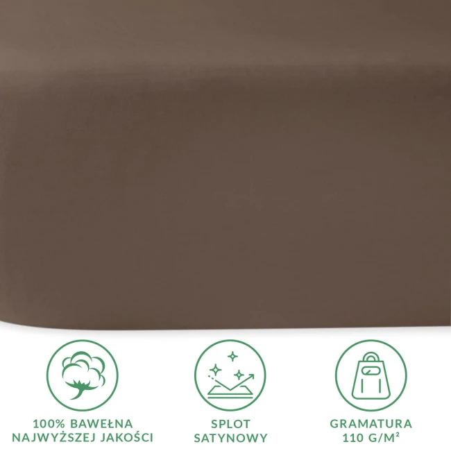 Prześcieradło satynowe bez gumki 160x220 w kolorze sepia, leżące na powierzchni. Wykonane w 100% z bawełny, o splocie satynowym, z gramaturą 110 g/m². Powierzchnia gładka, matowa, bez widocznych wzorów czy napisów.