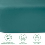 Prześcieradło satynowe w kolorze ciemnego turkusu o wymiarach 160x220 cm. Materiał 100% bawełna, gładka faktura. Produkt leży na jednolitym tle, bez gumki, prezentując elegancki splot materiału. Widoczne symbole informacyjne o materiale i gramaturze.