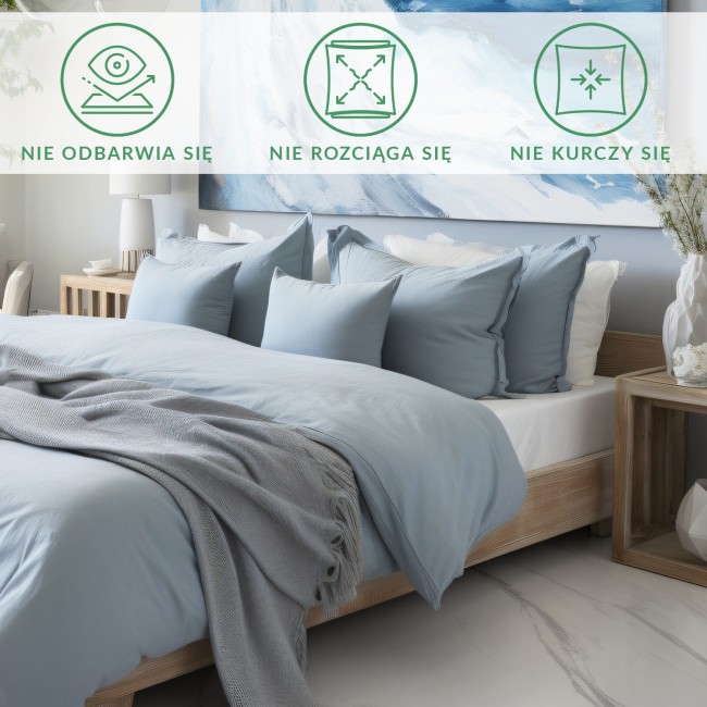 Prześcieradło satynowe bez gumki w kolorze ciemnym turkusem o wymiarach 160x220 cm, leżące na łóżku. Towarzyszy mu szary koc z frędzlami i poduszki w odcieniach niebieskiego.
