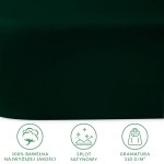 Prześcieradło satynowe bez gumki w kolorze butelkowej zieleni, wykonane w 100% z bawełny, rozmiar 160x220 cm. Zbliżenie na gładką fakturę materiału. W dolnej części widoczne ikony z informacjami o składzie, splocie oraz gramaturze.