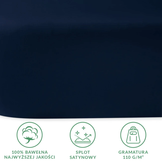 Prześcieradło satynowe bez gumki w kolorze ciemny granat, leżące na jednolitym tle. Produkt wykonany z 100% bawełny o gramaturze 110 g/m², charakteryzujący się gładką, błyszczącą powierzchnią. Widoczne informacje o jakości materiału.