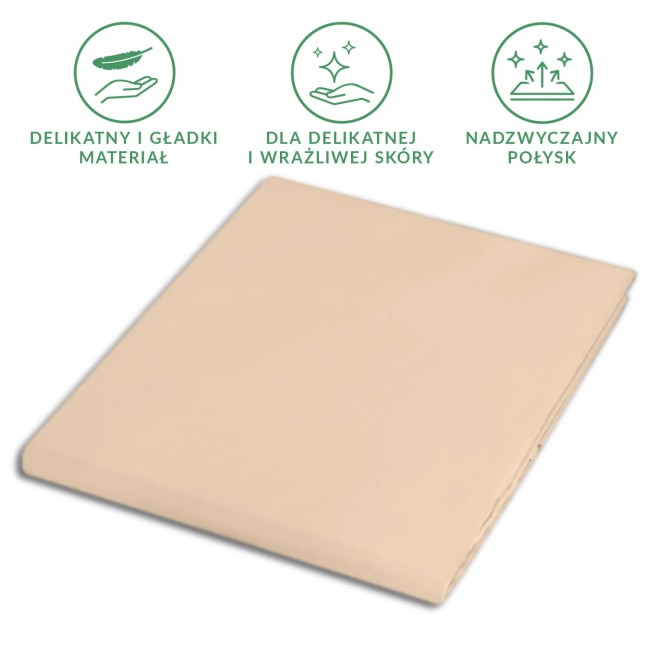 Prześcieradło satynowe, rozmiar 200x220 cm, w kolorze jasnego beżu, z miękką i gładką fakturą, leżące płasko. Widoczne symbole dotyczące delikatności materiału i jego właściwości, na jednolitym tle. Produkt przeznaczony dla skóry wrażliwej.