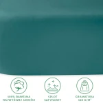 Prześcieradło satynowe o rozmiarze 200x220 cm w kolorze ciemnego turkusu, leżące na płaskiej powierzchni. Wykonane z 100% bawełny wysokiej jakości, o gładkiej teksturze. W dolnej części widoczne ikony dotyczące właściwości materiału.