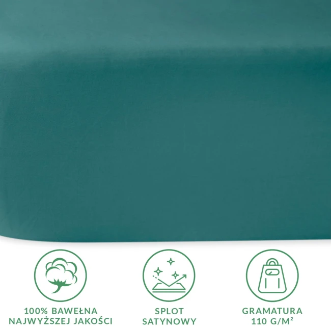 Prześcieradło satynowe o rozmiarze 200x220 cm w kolorze ciemnego turkusu, leżące na płaskiej powierzchni. Wykonane z 100% bawełny wysokiej jakości, o gładkiej teksturze. W dolnej części widoczne ikony dotyczące właściwości materiału.
