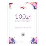 Karta podarunkowa o nominale 100 zł w formacie prostokątnym. Na białym tle widoczne kolorowe dekoracje kwiatowe w narożnikach. Napisy 100 zł oraz BON PODARUNKOWY w dużej różowej czcionce. W dolnej części znajduje się kod QR. Produkt leży płasko.