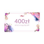 Karta podarunkowa o wartości 400 zł, z kolorowym tłem w kwiatowe wzory. Widoczny napis 400zł oraz BON PODARUNKOWY. Frontalne ujęcie, na prostym białym tle, bez żadnych dodatkowych elementów.
