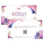 Karta podarunkowa o wartości 400 zł z logo DARYmex, ozdobiona kwiatowym wzorem oraz pastelowym tłem. Frontalne ujęcie, widoczny napis BON PODARUNKOWY. Karta leży na prostej powierzchni, w tle delikatne kolory oraz detale dekoracyjne.