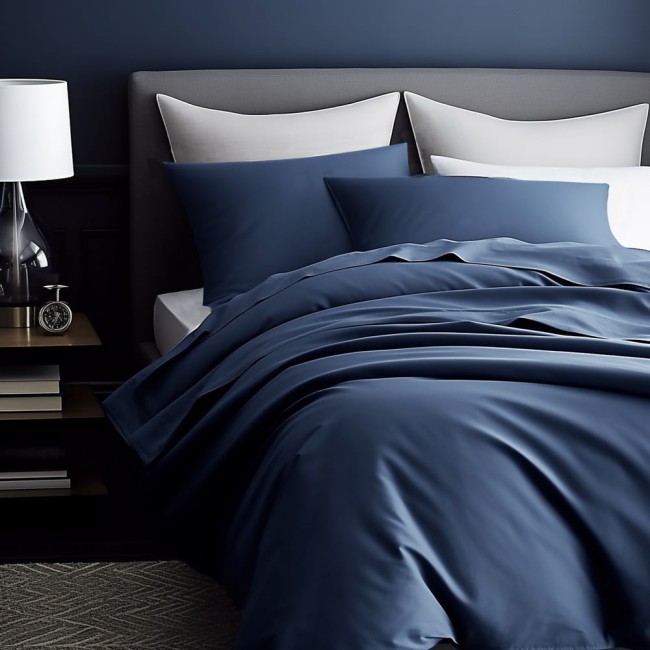  Ładna, elegancka, jednokolorowa, ciemno niebieska pościel satynowa 200x220 cm 