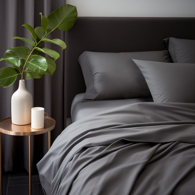 Pościel satynowa w kolorze szarym o wymiarach 160x200, na leżącym łóżku z poduszkami w tym samym odcieniu. Na stoliczku kawowym znajduje się biała waza z liściem oraz filiżanka. Tło stanowi jednolita zasłona w szarym kolorze.