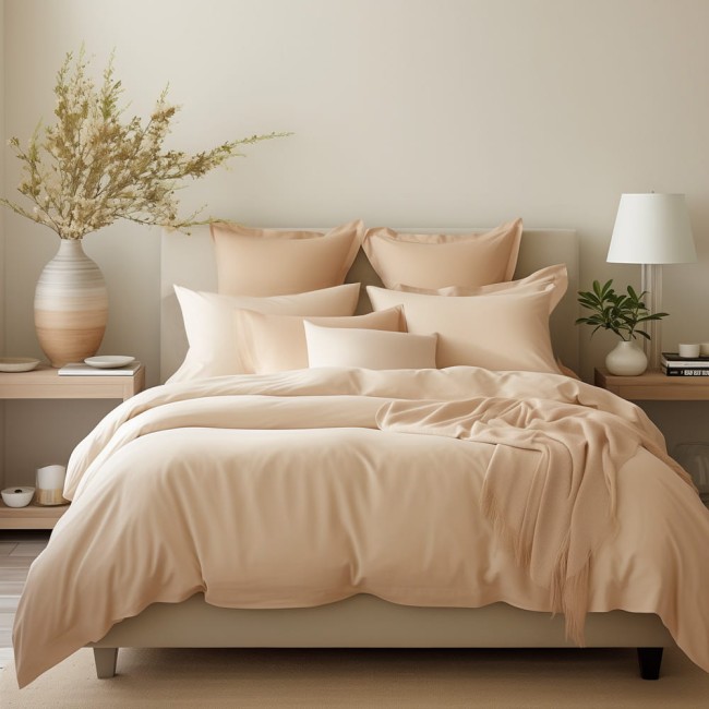  Ładna, elegancka, jednokolorowa, jasny beż pościel satynowa 200x220 cm 
