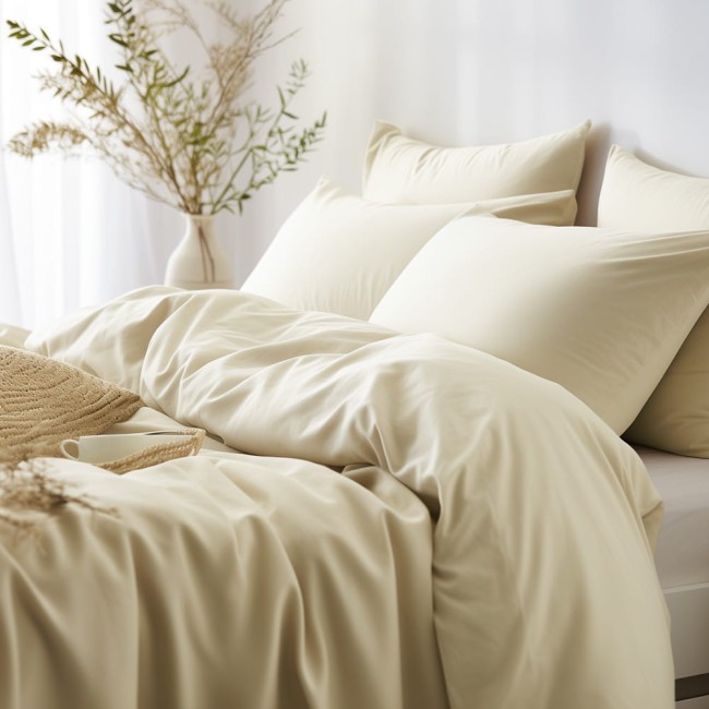 Pościel satyna bawełniana 140x200 w kolorze kremowym, leżąca na łóżku, z widocznymi poduszkami. Tkanina gładka, matowa.