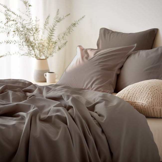 Pościel satyna bawełniana w kolorze ciemnego beżu, rozłożona na łóżku. W zestawie dwie poduszki oraz mała, okrągła, pleciona poduszka. Widoczne wyraźne fałdy materiału. Tło jasne, z roślinnością i filiżanką na stoliku obok.