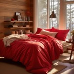 Poszewka satynowa 40x40 w intensywnej czerwieni, leży na łóżku z jasnym prześcieradłem. W tle widać drewniane ściany i książki na półkach. Zdecydowane światło wpada przez okna, podkreślając gładką fakturę materiału.