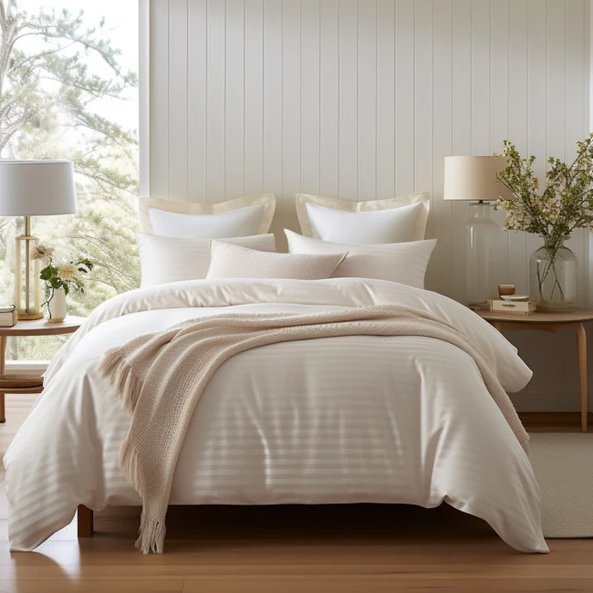 Poszewka bawełniana 70x80 Cizgili w kolorze kremowym, wykonana z satynowego materiału. Widoczna na łóżku w aranżacji sypialni z białymi poduszkami, miękkim pledem i delikatnym tłem. Produkt leży na narzucie, tworząc harmonijną kompozycję.