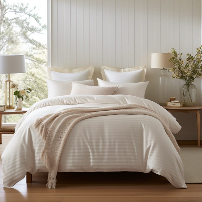  Elegancka stylowa ekskluzywna kremowa pościel satynowa 220x200 cm w delikatne pasy 