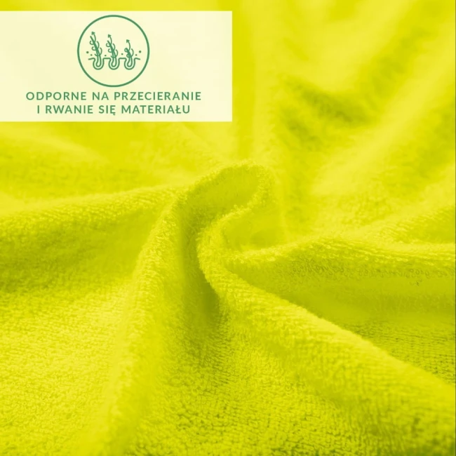 Prześcieradło frotte z gumką 60x120 w jasnym kolorze limonki, z teksturą przypominającą miękki materiał. Widoczne zgięcia i falisty kształt podkreślają elastyczność.