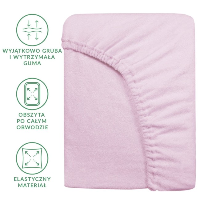 Prześcieradło frotte z gumką 40x90 w kolorze wrzos, leżące na płaskiej powierzchni. Widoczna elastyczna guma obszyta wokół obwodu, miękka faktura materiału. Zbliżenie na detale gumy i teksturę, tło jasne, minimalistyczne.