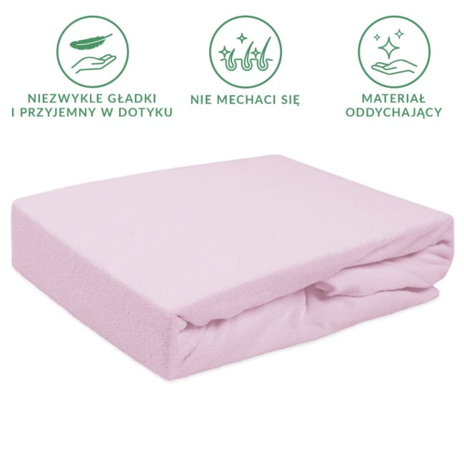 Prześcieradło frotte z gumką w kolorze wrzos, o wymiarach 40x90 cm, leżące na białym tle. Materiał ma miękką, teksturowaną powierzchnię. Widoczna jest gumka, która zapewnia stabilne mocowanie na materacu. Brak dodatkowych detali czy napisów.